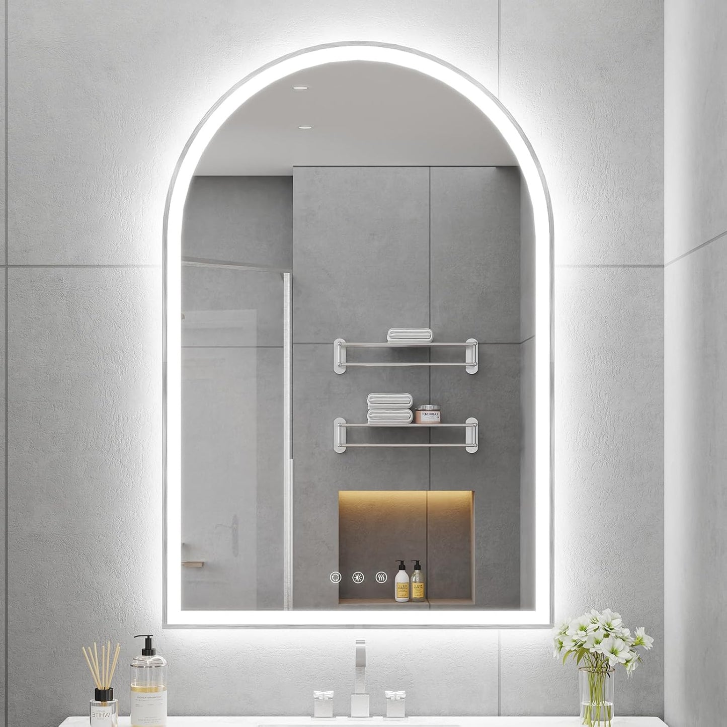 Arched LED Mirror for Bathtoom 24"x36", Brushed Nickel LED Bathroom Mirror with Lights-Fogless, Dimmable, Shatterproof, Touch Sensor, 3 Color Changing