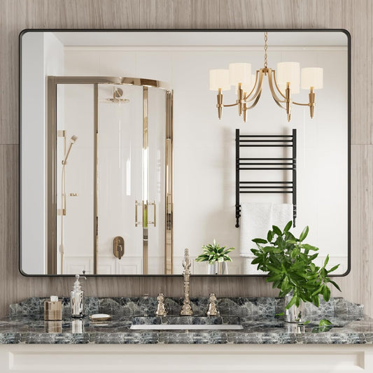Black Bathroom Mirror 48X36 Inch, Black Metal Framed Mirror for Wall, Rounded Rectangle Matte Bathroom Vanity Mirror with Tempered Glass, Anti-Rust, Horizontal/Vertical