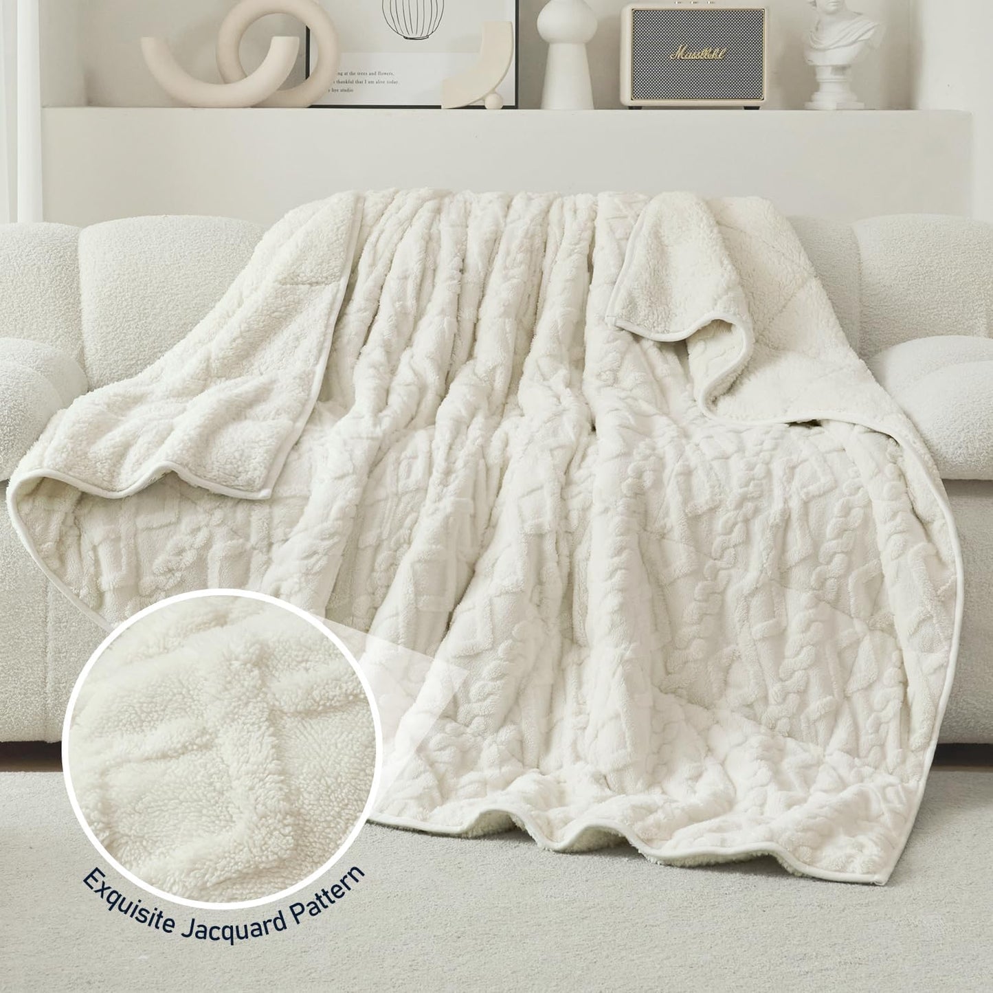 Wemore Weighted Blanket for Adults Twin Size 15 lbs, Dual Sided Soft Fuzzy Jacquard Sherpa Weighted Blankets for Sleeping, Cozy Fluffy Knitted Heavy Blanket for Couch Bed, Cream White, 60 x 80 inches