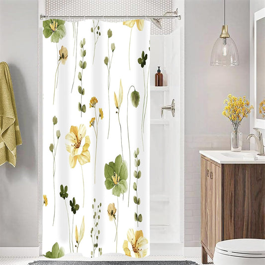 Gibelle Small Stall Shower Curtain 36 x 72, Narrow Half Watercolor Floral Fabric Shower Curtain, Olive Green Beige Flower Decorative Bathroom Shower Curtain Set with Hooks