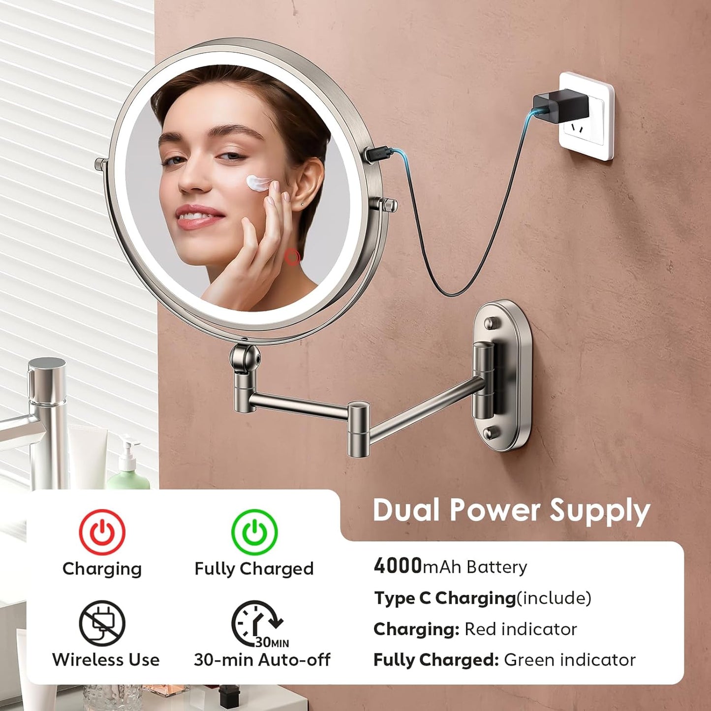 9" Wall Mounted Lighted Makeup Mirror,4000mAh Rechargeable Double Sided 1X/30X Magnifying Mirror with Light,Touch Dimmable,Extended Arm 360 Rotation Wall Mounted Makeup Mirror 3 Color Lights-N