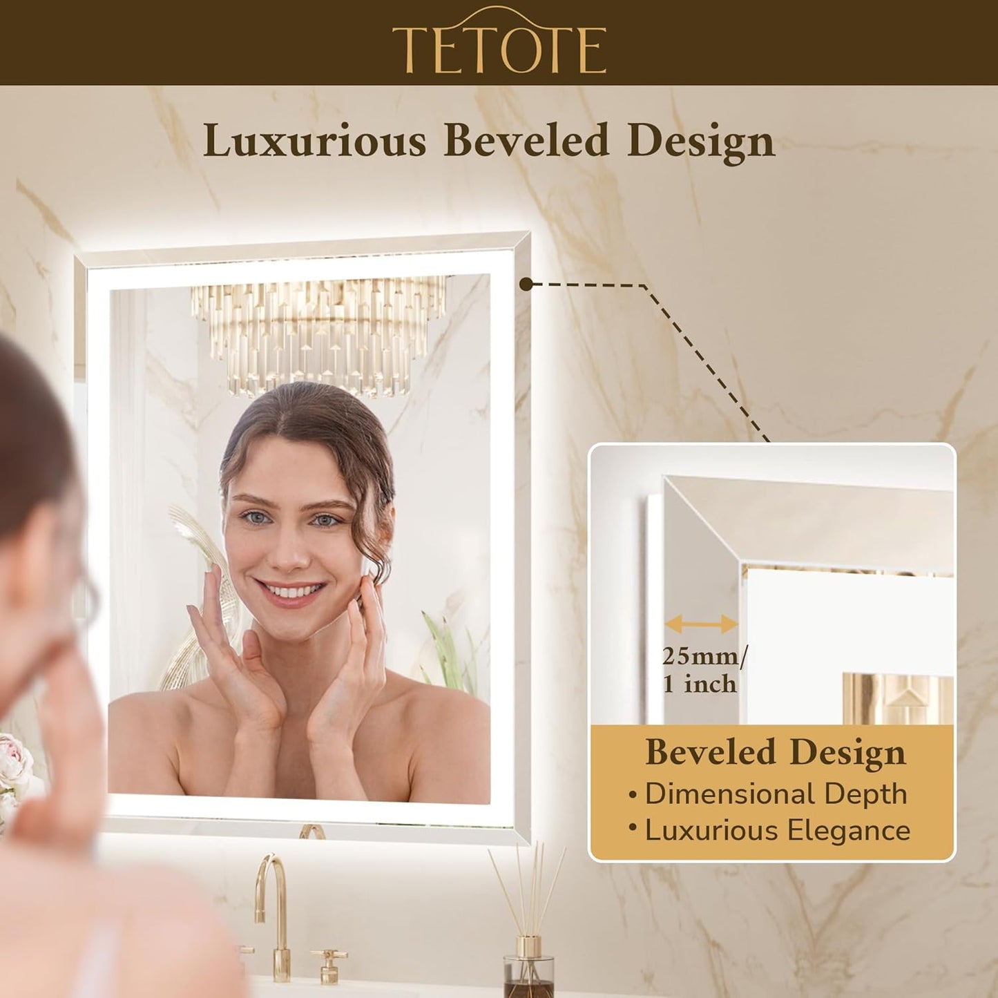 TETOTE 48 x 36 Inch Led Lighted Bathroom Mirror with Lights, Beveled Front and Backlit Extra-Bright Light up Mirror for Bathroom Wall, 3-Color Dimmable, Defogging, Tempered Glass, Waterproof