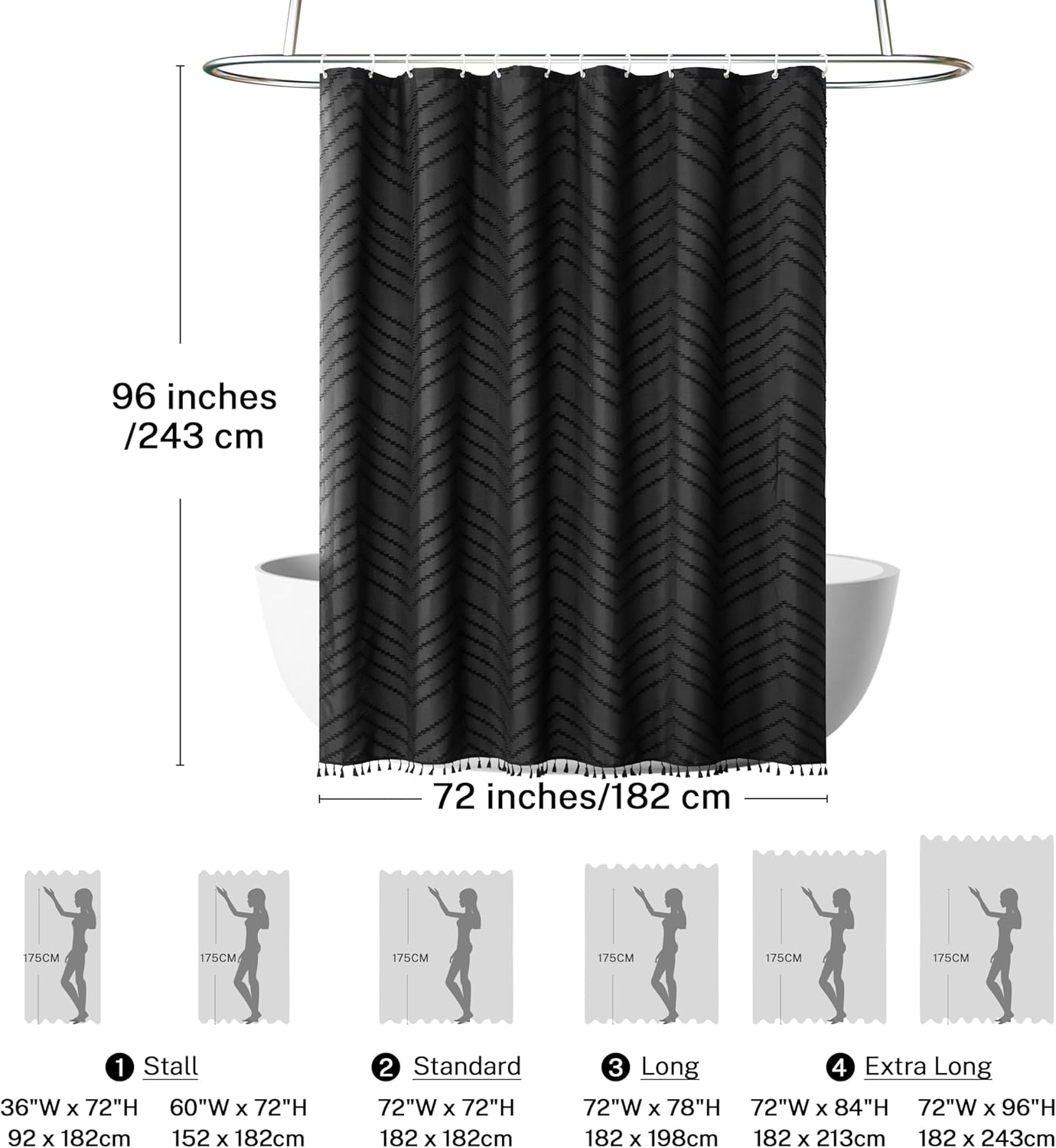 Extra Long Black Boho Chevron Shower Curtain with Tassel, Woven Fabric Shower Curtain, 72 x 96, Tufted Striped, Modern Chic Textured Shower Curtain Set Minimalist Bathroom Decor