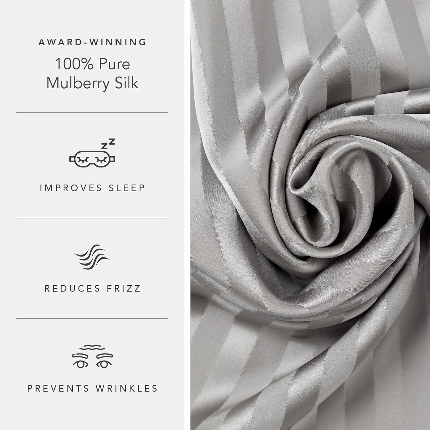 Fishers Finery 25mm 100% Pure Mulberry Silk Pillowcase (Gray Stripe Standard)