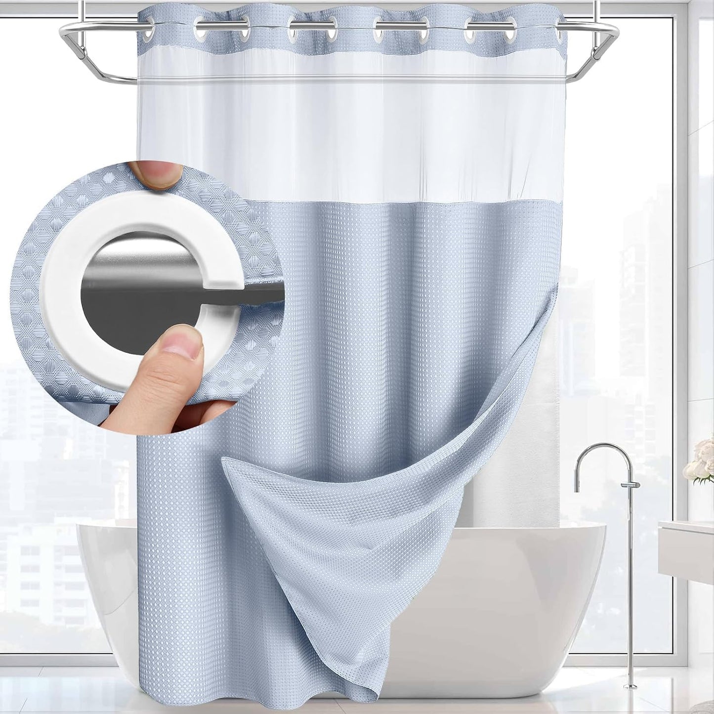 YellyHommy No Hook Shower Curtain with Snap in Liner Set Less Time Waffle Shower Curtain for Bathroom (Mist Blue, 87" L x 72" W)