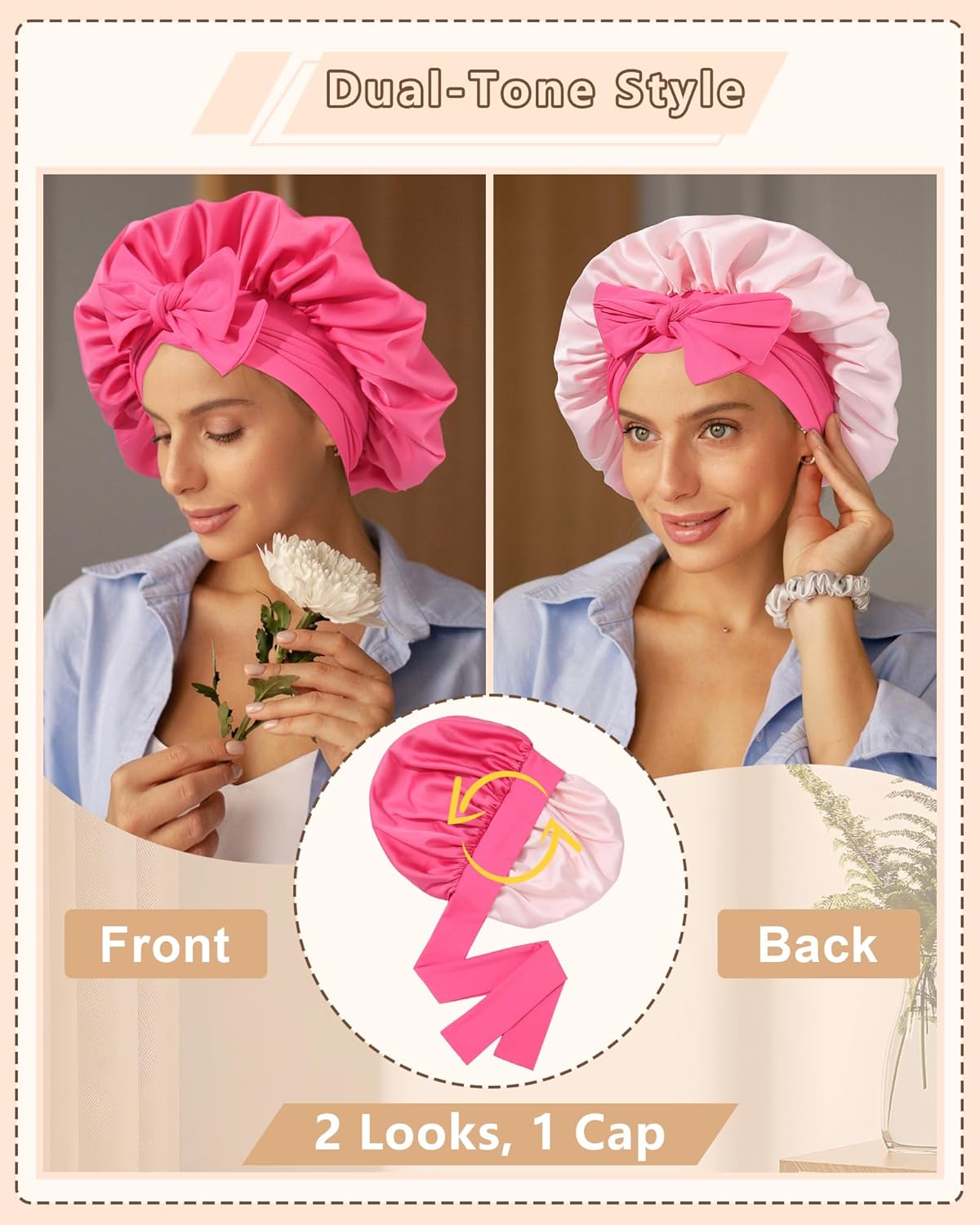 AWAYTR Women Satin Bonnet for Sleeping - Double Layer Silk Hair Bonnet with Elastic Tie Band for Braids Curly Hair