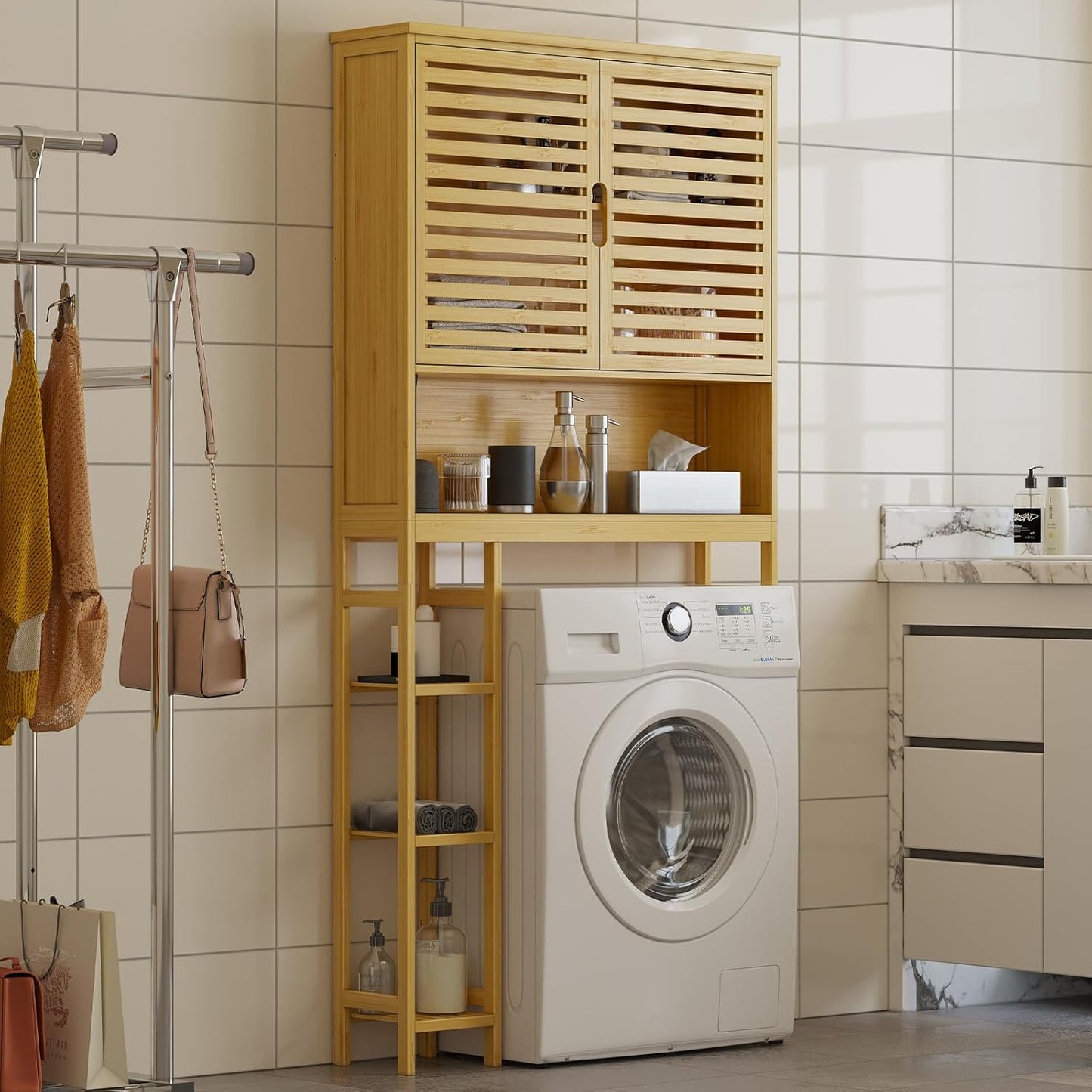 Over The Toilet Storage Cabinet, Bamboo Storage Cabinet Over Toilet with Double Doors & Open Shelves, Freestanding Toilet Shelf Space Saver with Anti-Tip Design, Natural