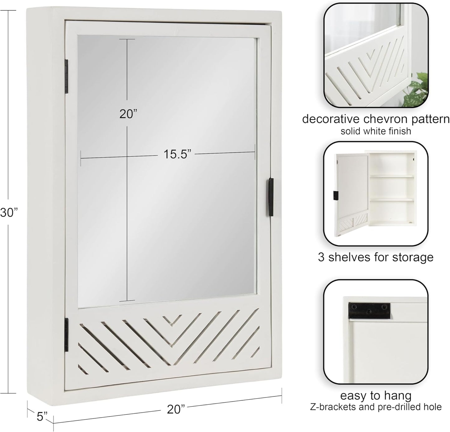 Kate and Laurel Mezzeta Decorative Modern Rectangle Bathroom Cabinet with Mirror, 20 x 5 x 30, White, Wooden Bathroom Mirror with Storage for Bath Medicine Cabinet or Over-The-Toilet Storage Option