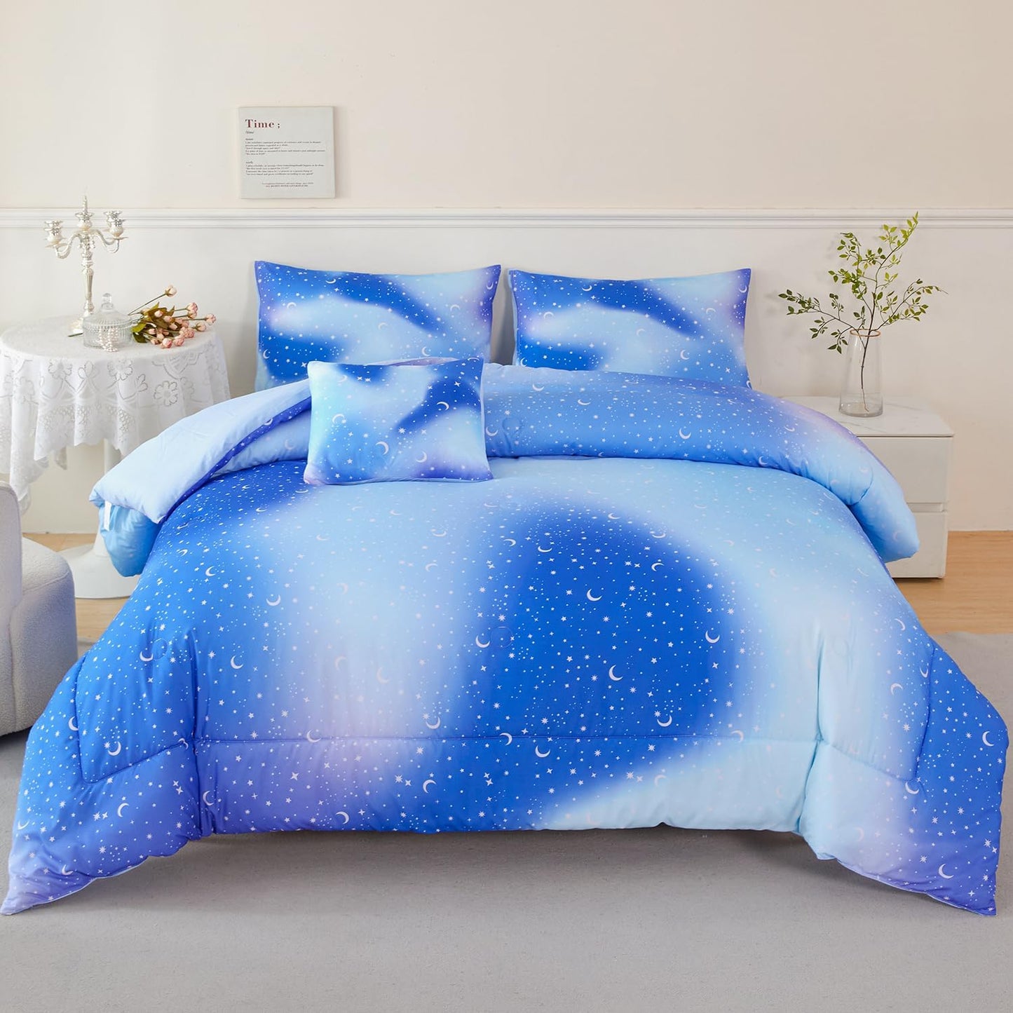 URBONUR 6Pcs Gradient Glitter Comforter Set for Girls Queen Size Blue Galaxy Kids Bedding Set for Boys Comforter Sets Soft Bed in A Bag Queen (Ombre Blue)