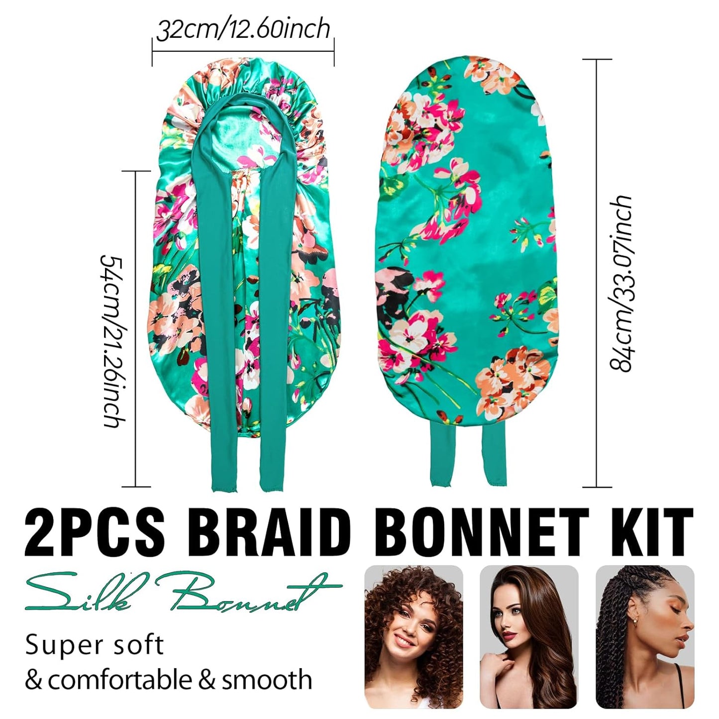 2Pcs Bonnets for Black Women Braid Bonnet, Large Long Satin Silk Bonnet for Braids,Black Women Braid Bonnet with Stretchy Tie Band for Sleeping Extra Long (Blue&Printing Flower) Purple