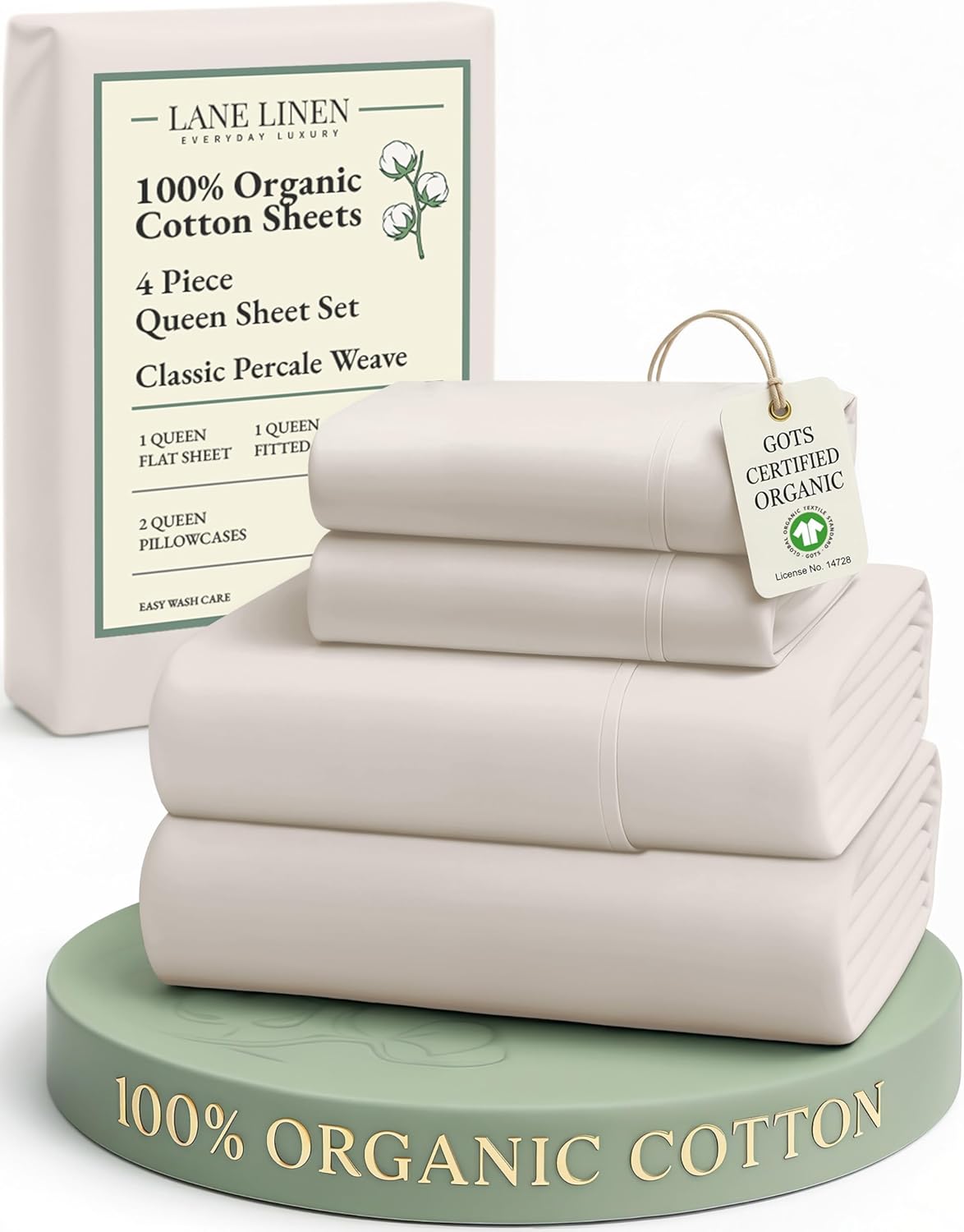 LANE LINEN 100% Organic Cotton Queen Sheet Set, 4Pc Cotton Sheets Queen Size Bed Set, Soft Percale Weave, Deep Pocket Queen Sheets, Hotel-Quality Bed Sheets Queen Size - Glacier Grey