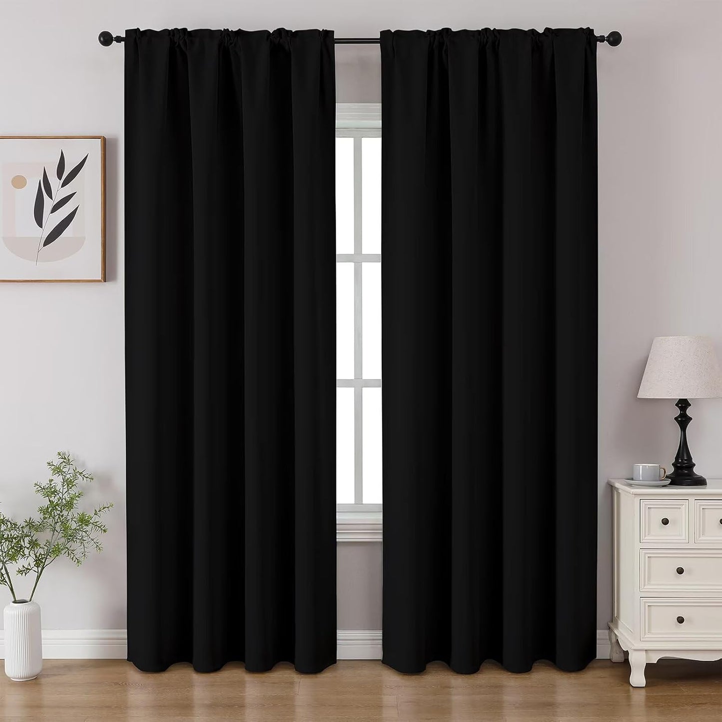CUCRAF Black Blackout Curtains 96 inch Length 2 Panels Set, Rod Pocket Room Darkening Drapes for Bedroom Living Room, Insulated Thermal Light Blocking Window Curtain (W52 x L96 Inch)