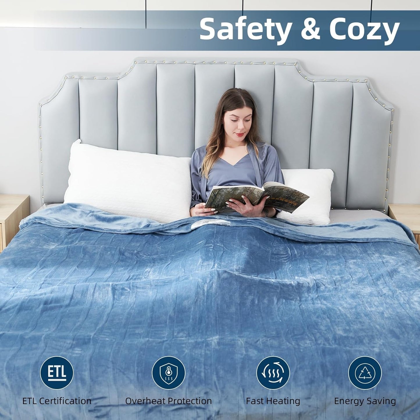 Electric Heated Blanket Throw Size, 50" x 60" Heated Throw with 6 Heating Levels & 3 Hours Auto Off, Machine Washable, ETL & FCC Certified Home Office Use, Blue