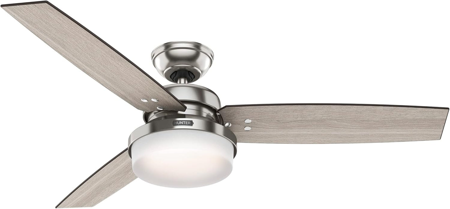 Hunter 52 inch Indoor Ceiling Fan with LED Light and Remote Control - Standard Mount Ceiling Fan, 3 Blades, For Bedroom, Living Room, or Kitchen - Sentinel 59157, Brushed Nickel