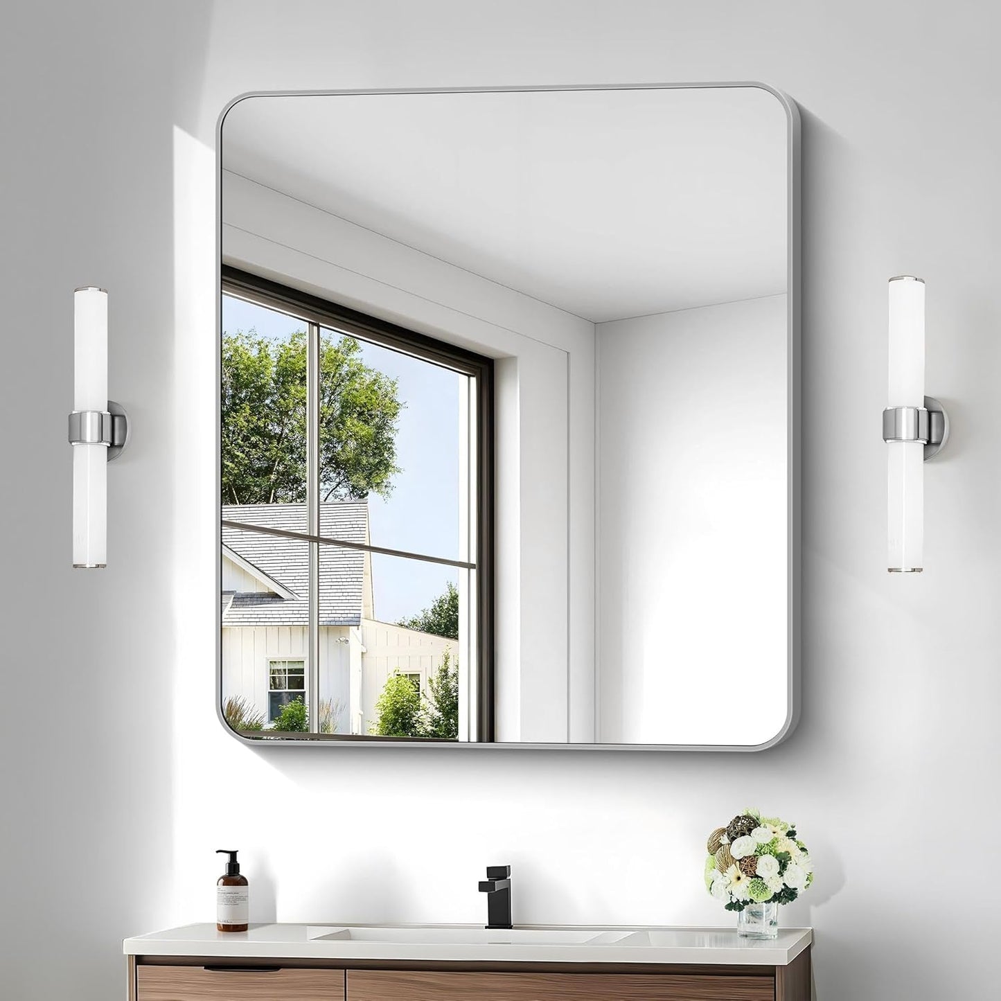 36x40 Inch Silver Bathroom Mirror, Metal Framed Silver Rectangle Mirrors, Rounded Rectangular Vanity Mirror, Wall Mounted Mirrors for Living Room Bedroom Entryway Hangs Horizontal or Vertical