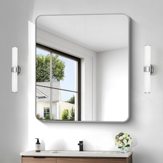 36x40 Inch Silver Bathroom Mirror, Metal Framed Silver Rectangle Mirrors, Rounded Rectangular Vanity Mirror, Wall Mounted Mirrors for Living Room Bedroom Entryway Hangs Horizontal or Vertical