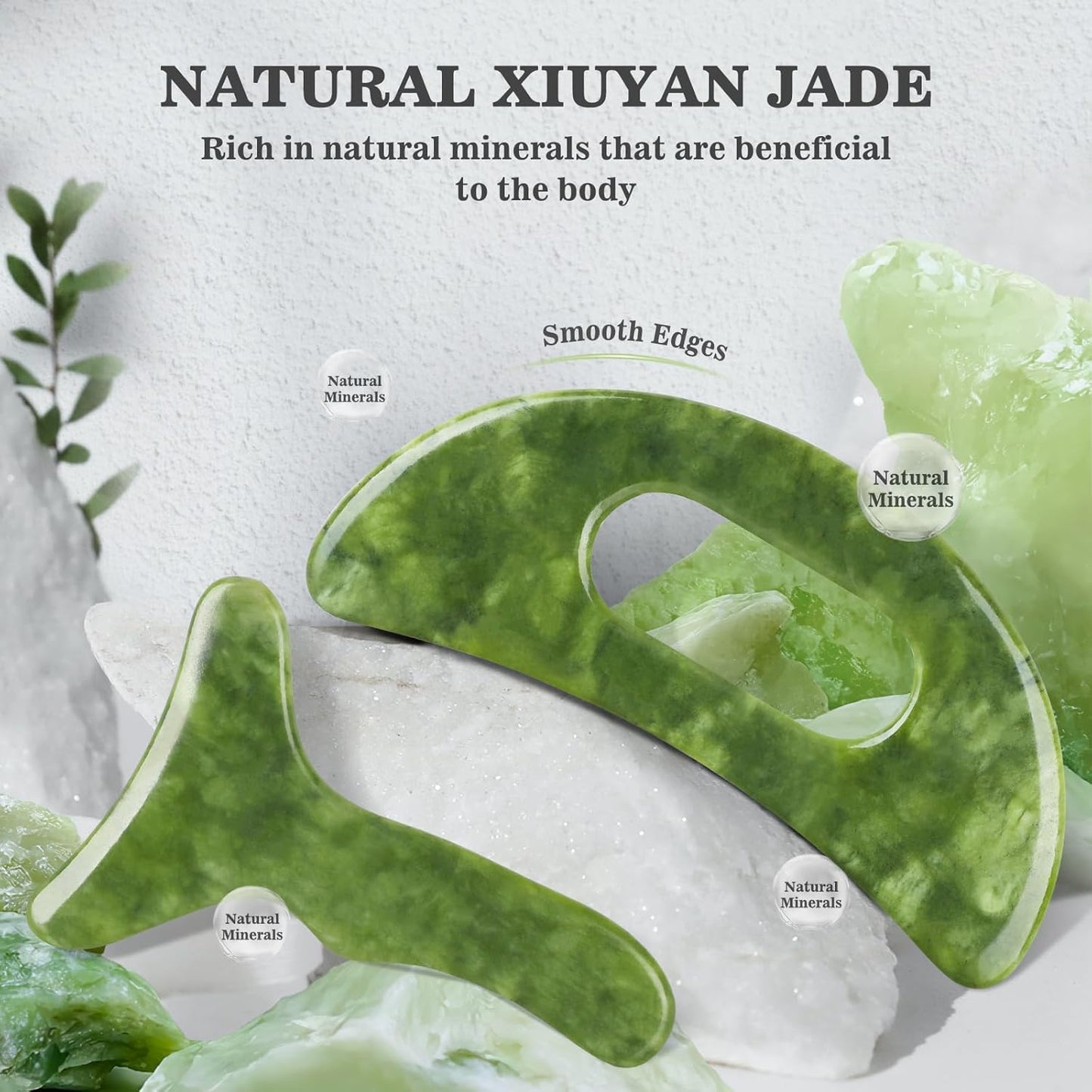 2 in 1 Jade Stone Gua Sha Massage Tool, Large Guasha Muscle Scraper Tools Set with Handle Muscle Scraping Massage Tools Anti Cellulite Spa Acupuncture Tools for Back Neck Leg Lymphatic Drainage