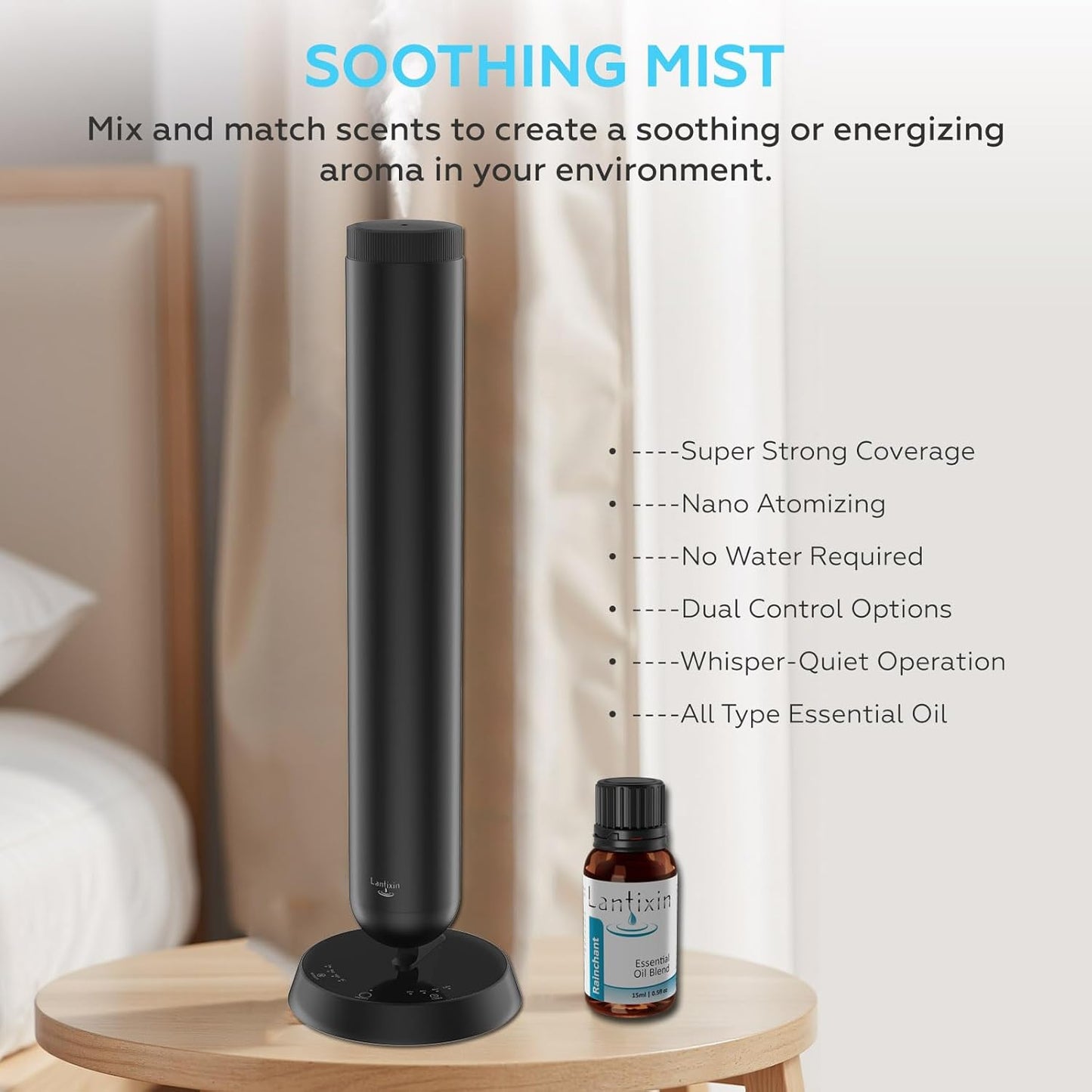 Lantixin Waterless Essential Oil Diffuser – Nano Atomization Technology Plug in Diffuser for Large Room – Ultra Quiet Oil Diffusers for Homes, Offices, Hotels, Aromatherapy Experience (Black)