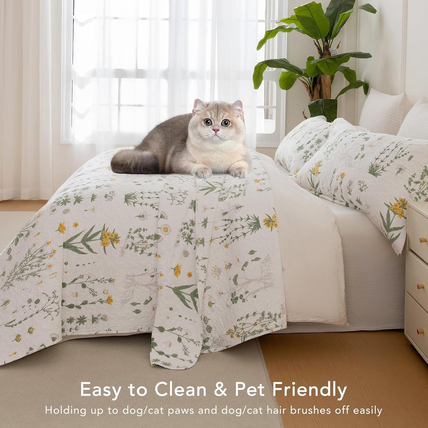 Lady Ann Cotton King Size Quilt Set - Yellow Floral & Green Leaves Pattern Botanical Printed Quilted Coverlet, 3 Pcs Lightweight Soft Cottagecore King Bedspread Set Shabby and Chic Bedding