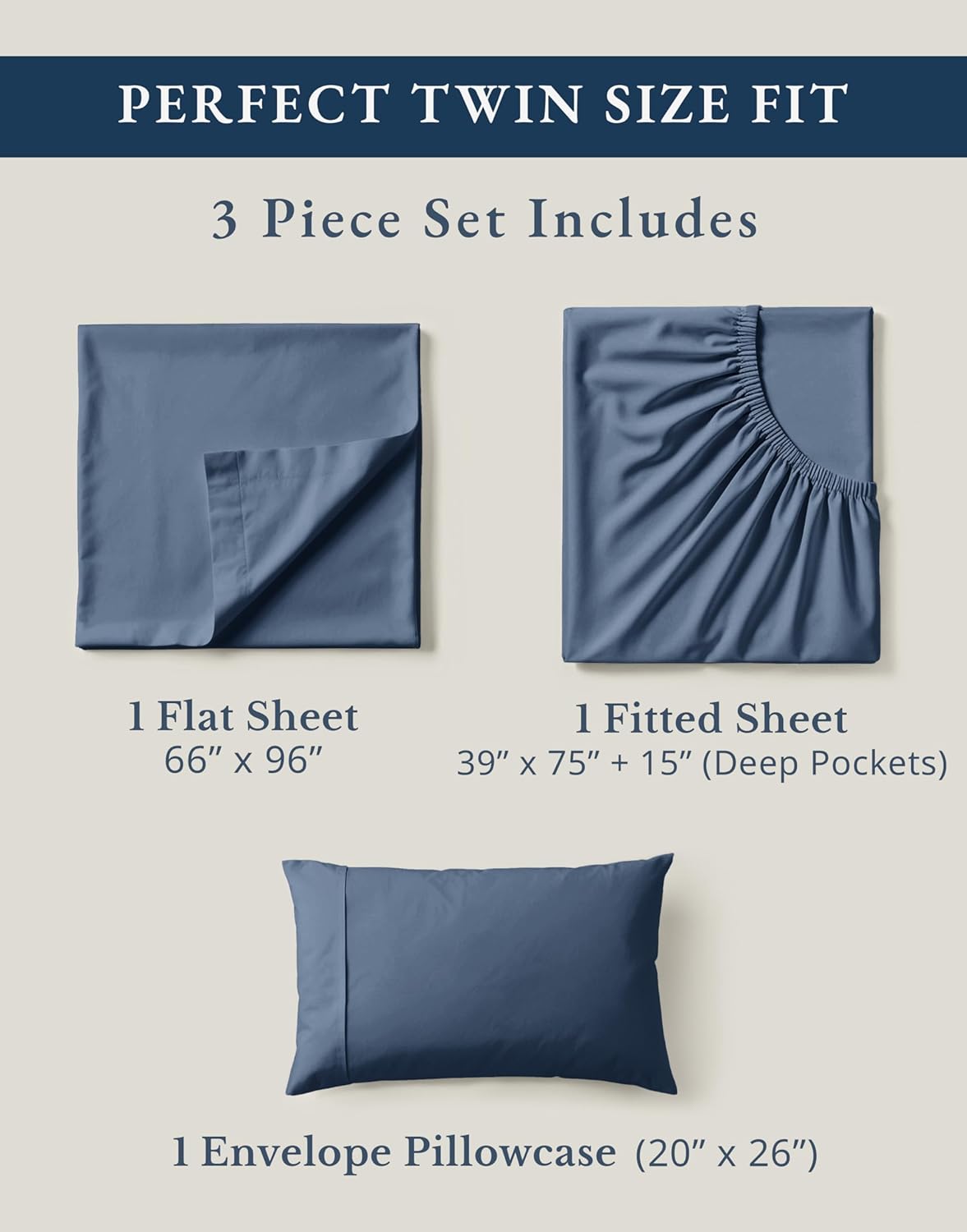 LANE LINEN 100% Organic Cotton Twin Bed Sheet Set, Luxury Hotel Style Fade Resistant Deep Pocket Machine Washable Twin Size Sheet Set, Eco Friendly Mercerized Cotton Sheets- Estate Blue