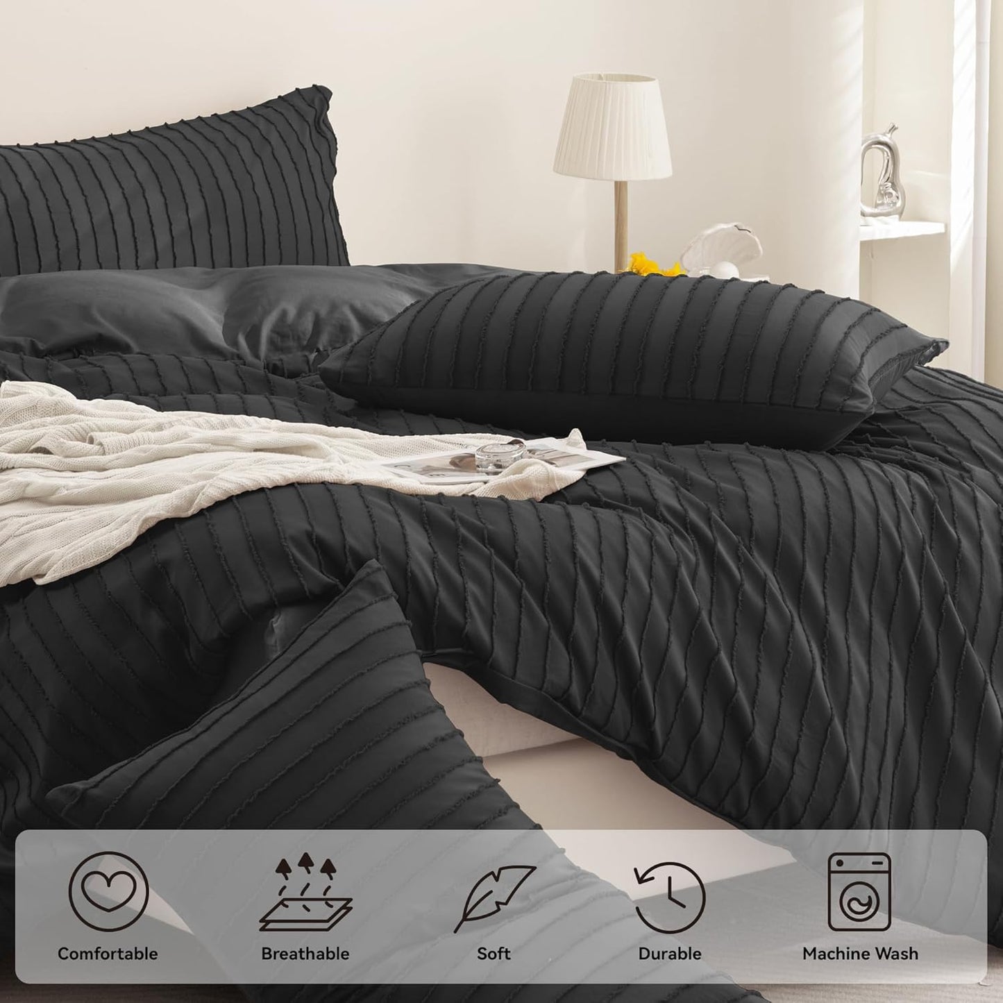 JELLYMONI Duvet Cover Twin Size Black - 3PCS Boho Striped Duvet Cover Set Polyester Tufted Bohemian Textured Comforter Cover 68×90in with Corner Ties & Zipper and 2 Pillowcases