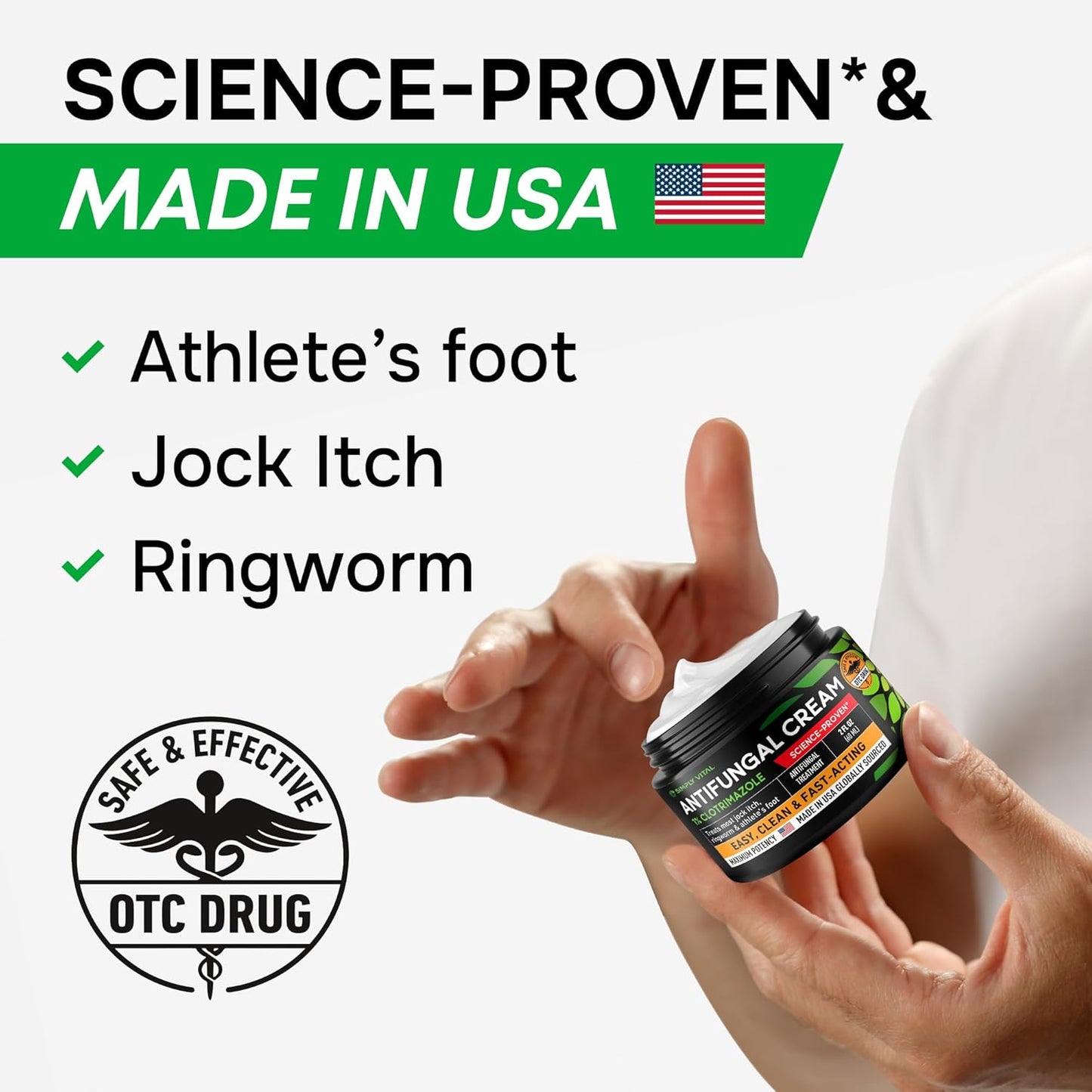 Antifungal Cream for Athlete's Foot, Ringworm & Jock Itch - Clotrimazole 1% Made in USA - Extra Strength Ring Worm, Jock Itch Cream, Anti Fungal Athletes Foot Treatment for Humans Skin Fungus - 2 oz