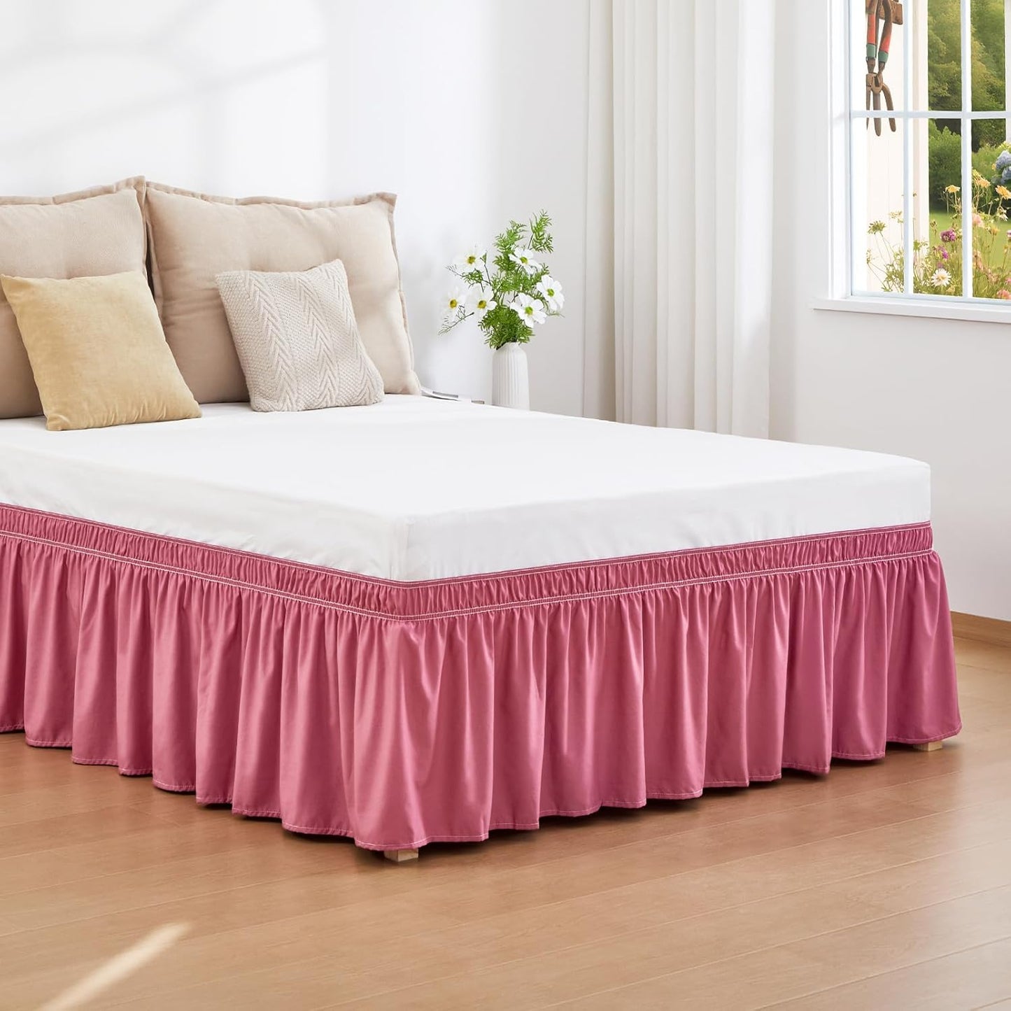 RIMELA Dusty Red Bed Skirt Queen Size 18 Inch Drop, Wrap Around Elastic Bedskirt, Dust Ruffle for Adjustable Bed Base Machine Washable Easy to Install Bed Skirts