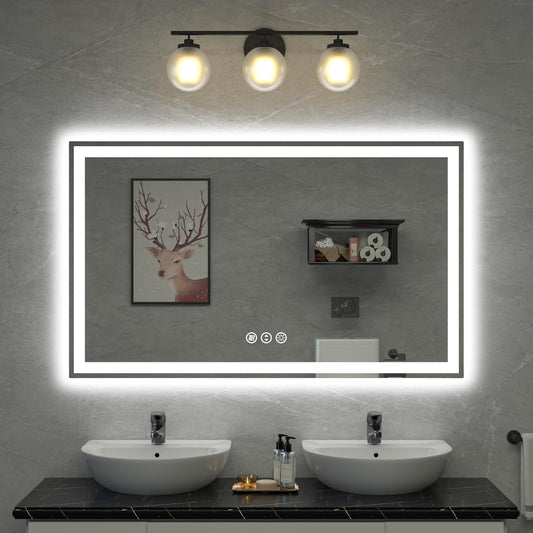 60"x 36" LED Bathroom Mirror, Double Lighting Sources Dimmable, Backlit + Front Lit, Anti-Fog, Stepless Dimmable, Lighted Bathroom Vanity Mirror for Wall Tempered Glass (Horizontal/Vertical)