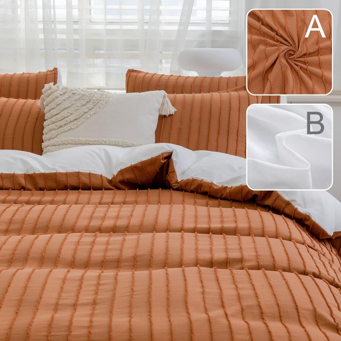 JELLYMONI Duvet Cover King Size Rust and White - 3PCS Boho Striped Duvet Cover Set Polyester Tufted Bohemian Textured Comforter Cover with Corner Ties & Zipper Closure