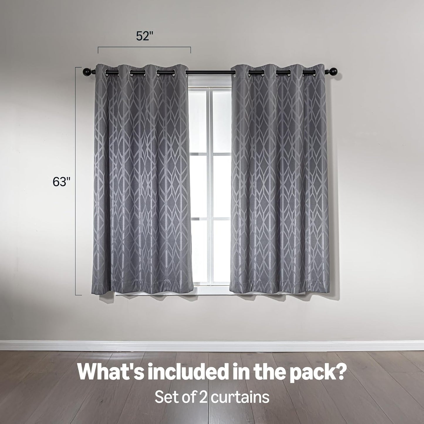 Amazon Basics Jacquard 2-Piece 100% Blackout Curtains, Living Room and Bedroom Drapes, Thermal Insulated Window Treatment, 52"x63", Grey