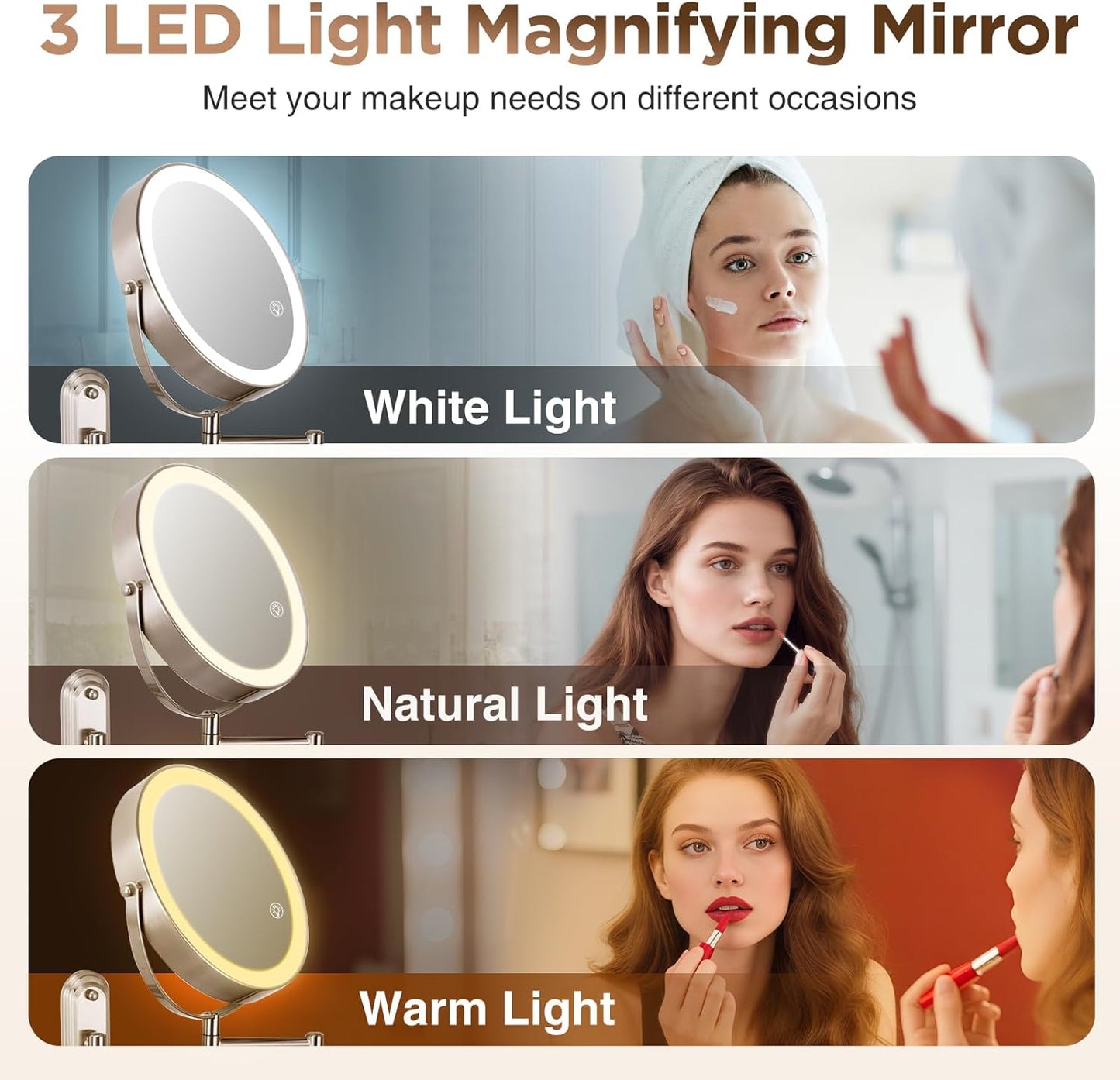 30X Wall Mounted Makeup Mirror with Lights,3 Color Modes Dimmable & Adjustable Double Side, Bathroom Vanity Makeup Mirror with 360 Rotation Extendable Swivel Arm,Magnifying Mirror - Brushed Nickel