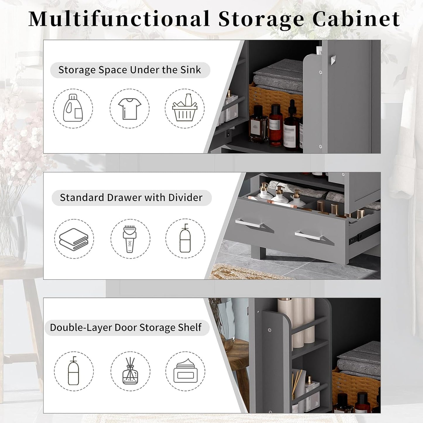 24" Bathroom Vanity with Sink Combo Set, Solid Wood Frame Bathroom Storage Cabinet with 2 Drawers and 1 Drawer, Double-layer Door Shelf, Soft Closing Cabinet Door with Organizer,Grey