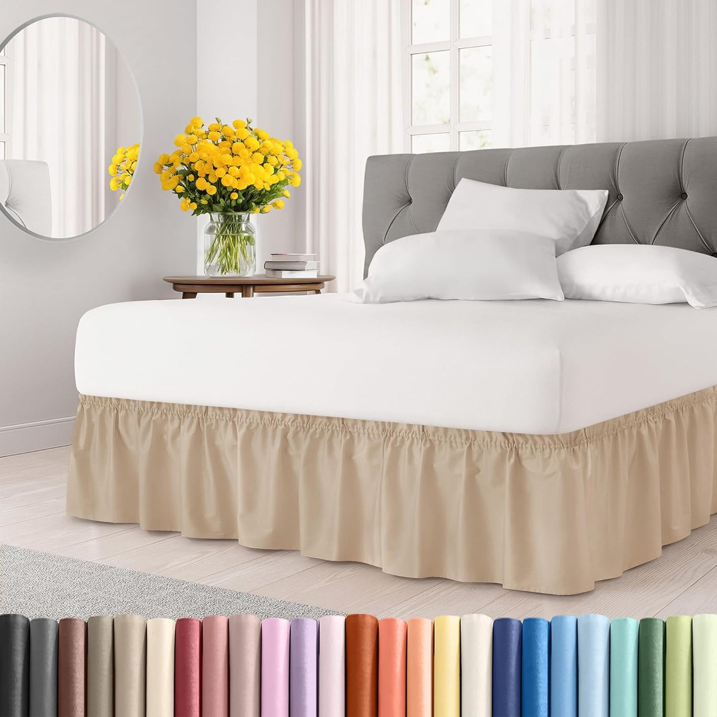 Wrap Around Dust Ruffle Bed Skirt - Cream - for King Size Beds with 15 Inch Drop - Easy Fit Elastic Strap - Adjustable Pleated Bedskirt w/Brushed Fabric - Wrinkle Free - for Women, Men, Kids & Teens