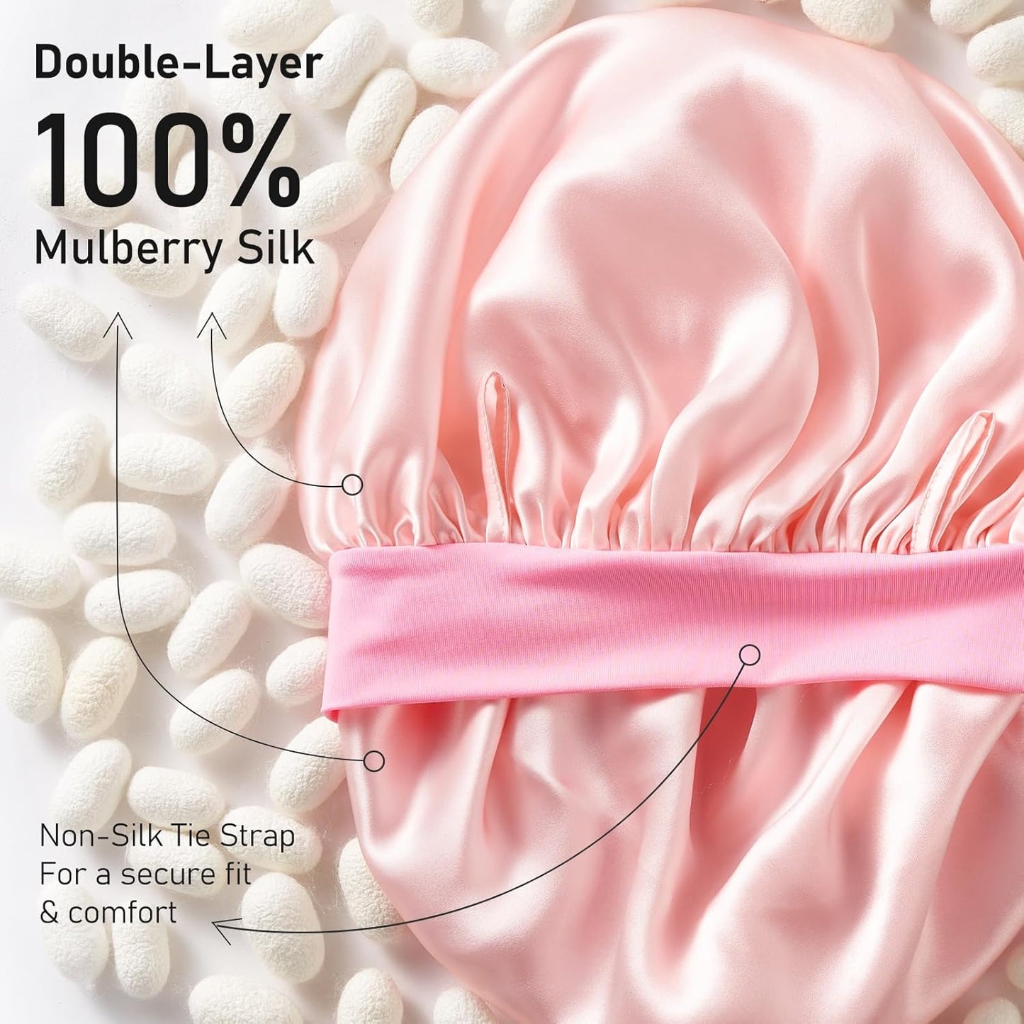 LitBear 100% Mulberry Silk Bonnet for Sleeping Women, 6A 22 Momme, Large Double-Layer Silk Hair Wrap with Tie Band