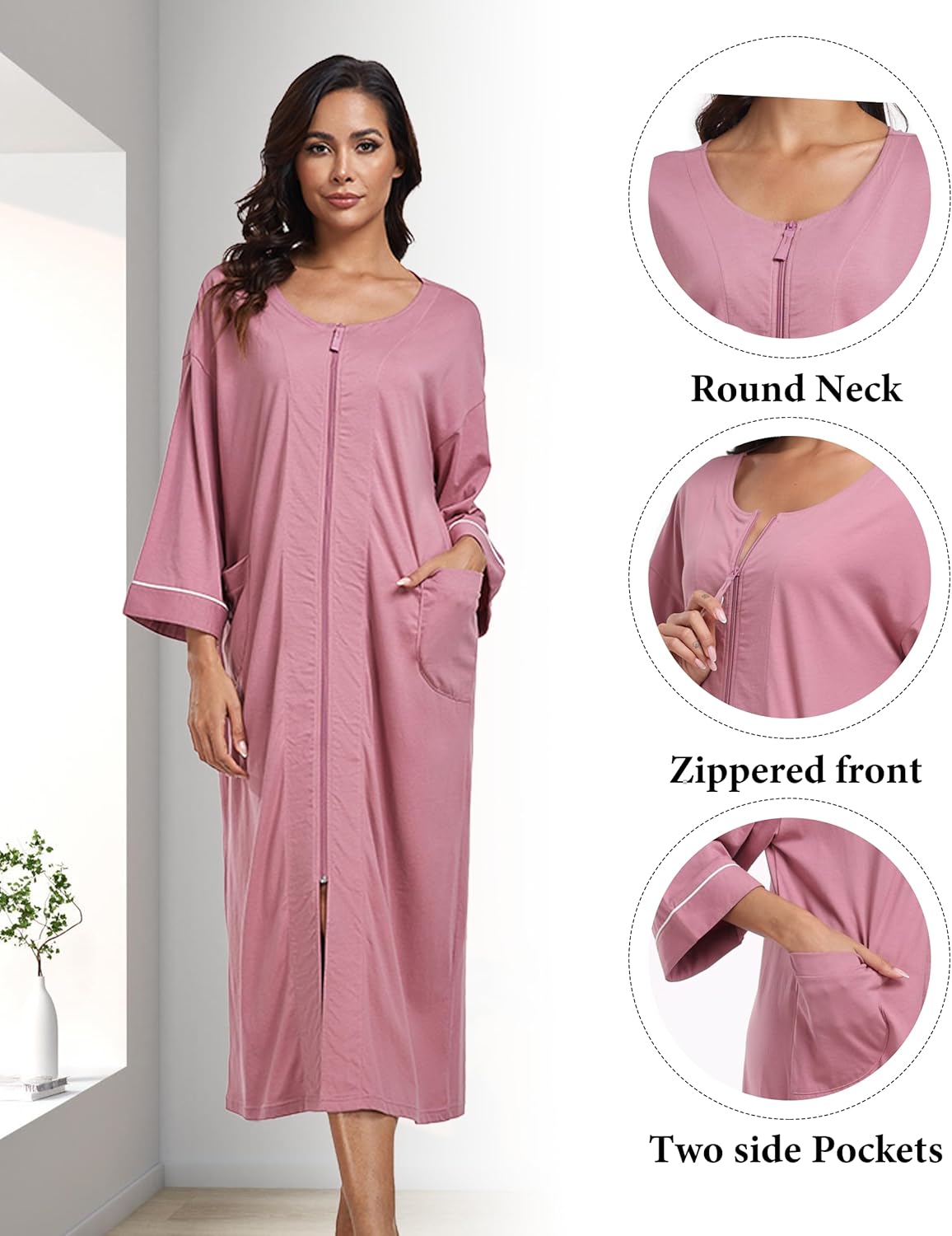 ANLIQI Women's 100% Cotton Robes Long Zipper Front House coats 3/4 Sleeve Bathrobes Lightweight Full Length Robe with Pockets