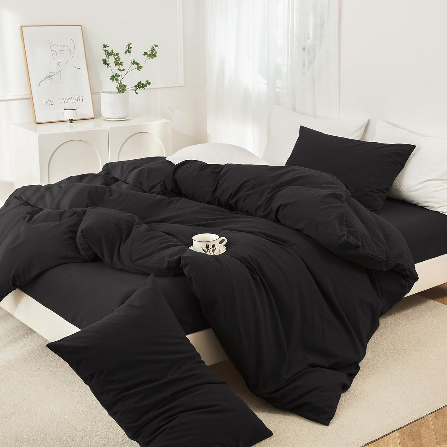 JIYUAN 100% Washed Cotton Duvet Cover Set 3 Pieces Full, 1 Duvet Cover 80x90 Inches(Comforter Not Included) and 2 Pillowcases,Linen Feel Bedding Set Comfy and Breathable,Black