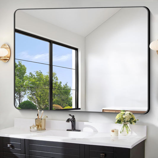 FORBATH Large Bathroom Mirror 48 x 36 Inches，Black Large Wall Mirror Aluminum Frame Wall Mounted Rounded Corner Morndern Mirror for Bathroom Bedroom Entryway Living Room