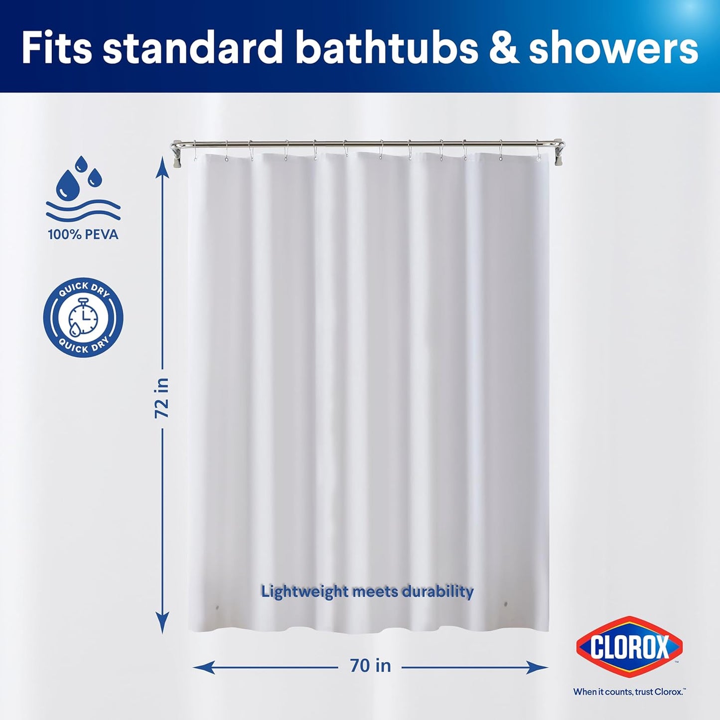 CLOROX Shower Curtain Liner, Premium Lightweight Durable Waterproof 4g PEVA for Bathroom with Weighted Magnets, Standard Size 70" x 72", Frosty 2 Pack