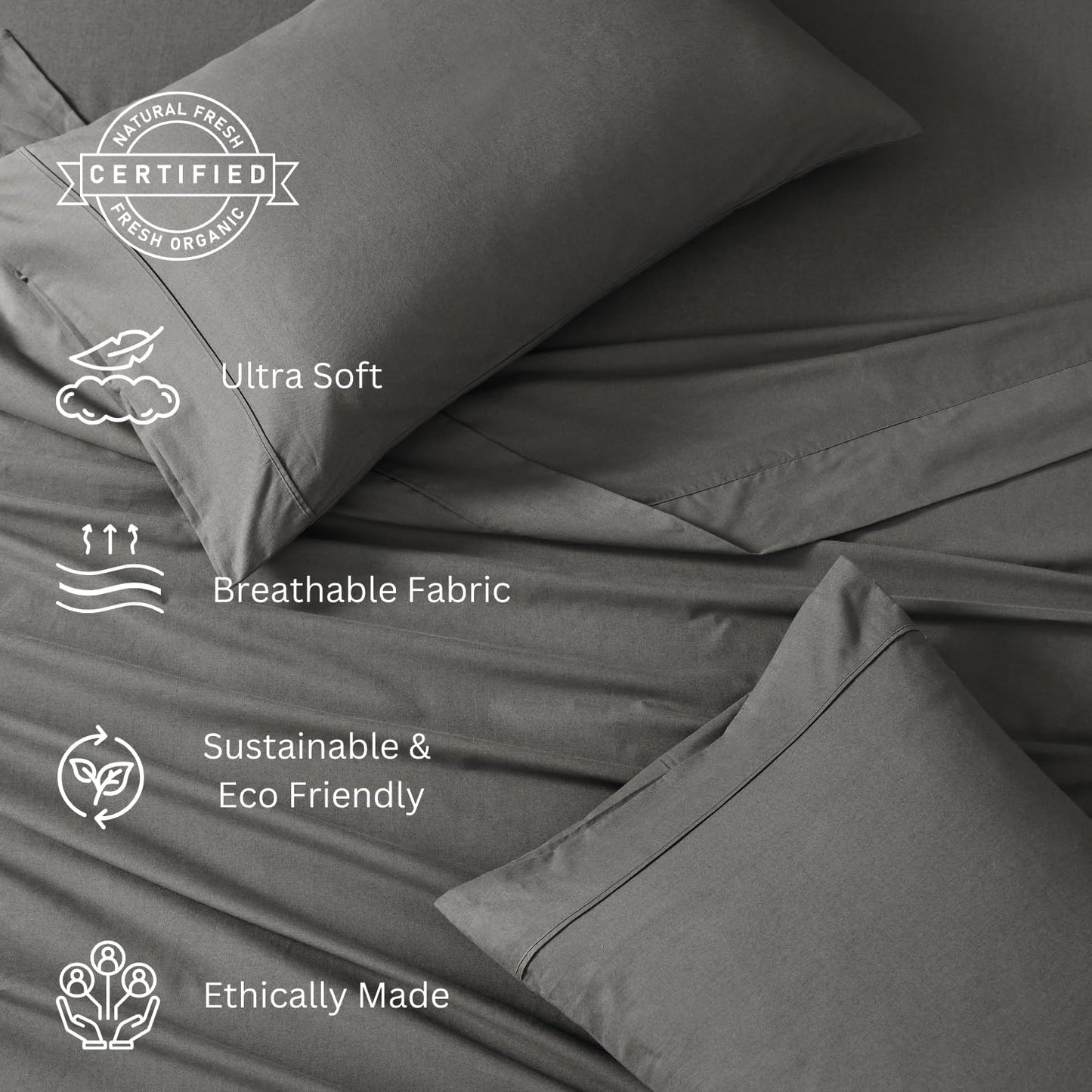 LANE LINEN 100% Organic Cotton Twin Sheets Set, 3PC Twin Bed Sheets, Cotton Sheets Twin Size Bed Set, Dorm Room Essentials with 15" Deep Pocket Fitted Sheet - Charcoal & White Twin Sheets (2 Pack)