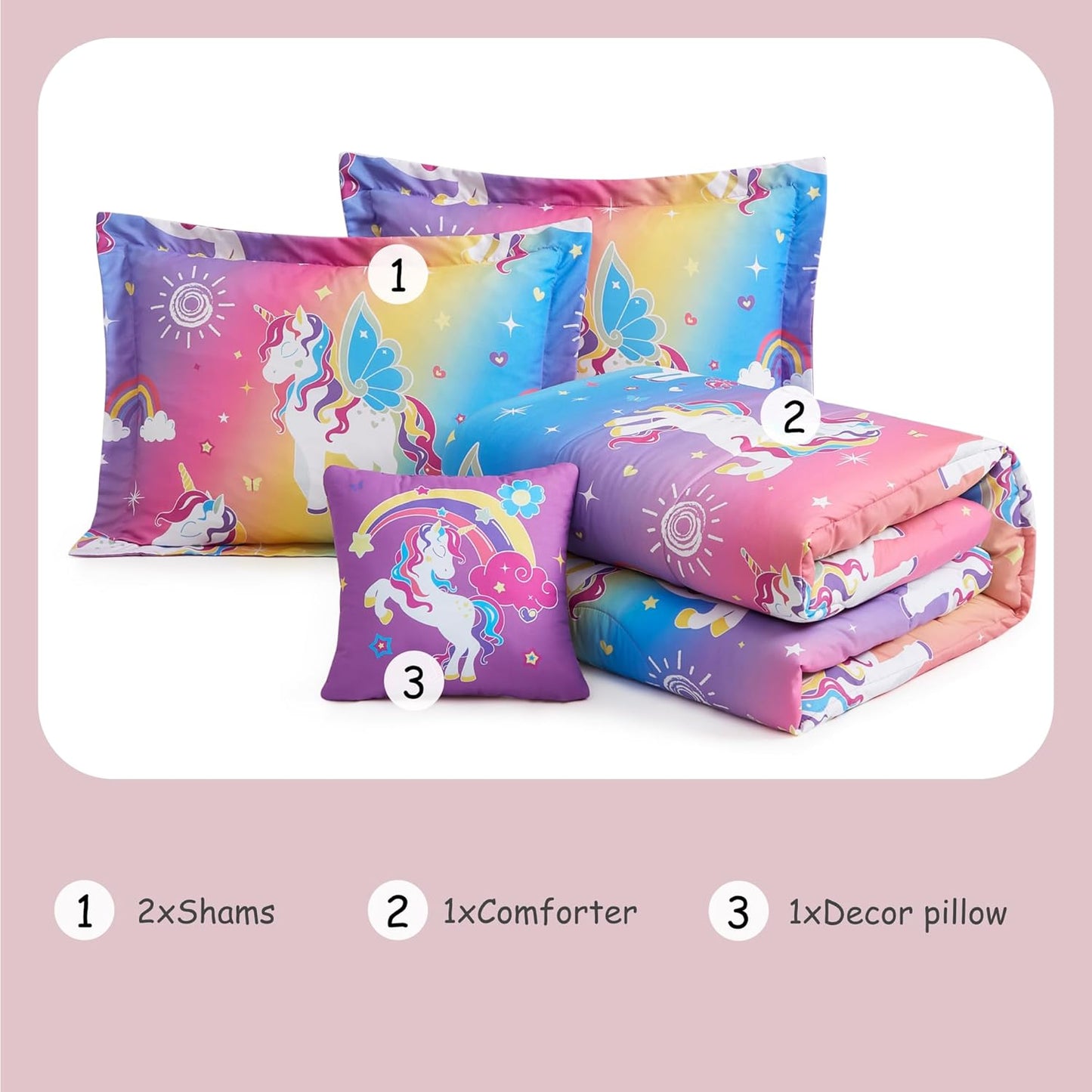 Full Size Comforter Set for Girls-4 Pieces Rainbow Unicorn Patterns Full Bedding Set with 1 Comforter, 1 Decor Pillow &2 Pillow Shams
