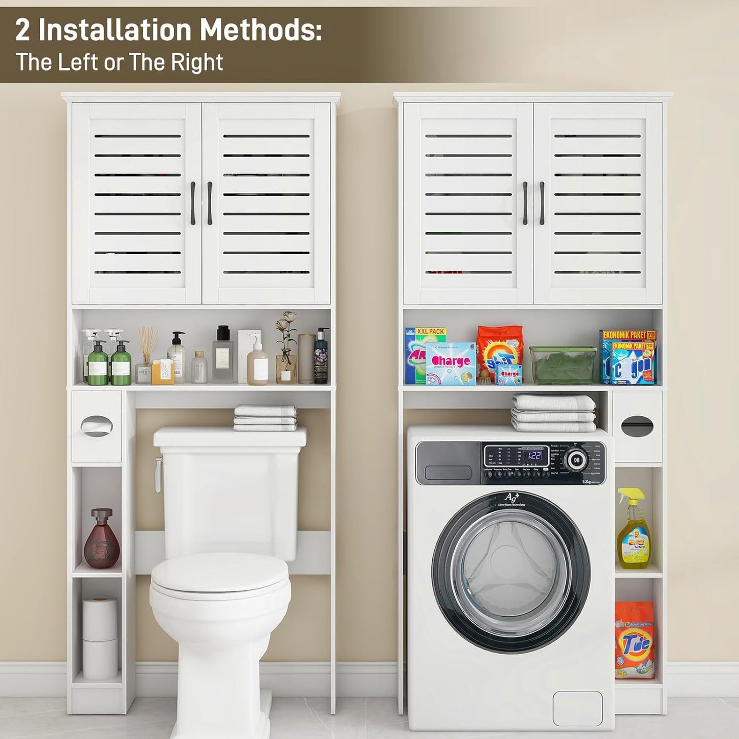 Over The Toilet Storage Cabinet, Wood Over Toilet Bathroom Organizer Cabinet with 2 Doors, Freestanding Home Space Save Toilet Rack for Restroom, Bathroom, Laundry, White