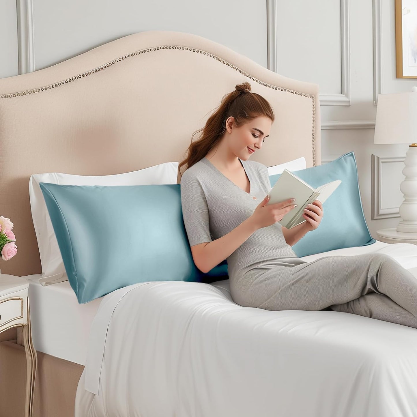 INFIIXSO Body Pillow Cover with Zipper, Luxury Mulberry Silk Body Pillow Case 20x54 Inches, Ultra Smooth and Soft Cooling Long Pillowcase, Gift for Women, Men(Haze Blue)