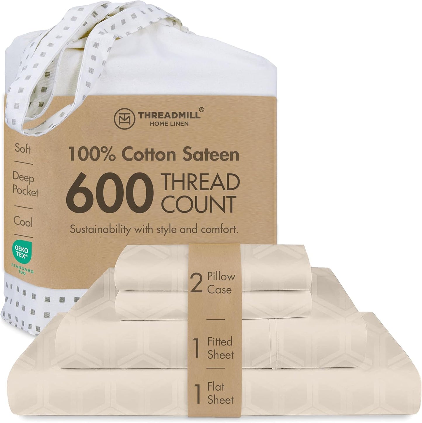 Threadmill 100% Cotton Sheets for King Size Bed - 600 Thread Count King Bed Sheets Set with 16” Deep Pocket - Jacquard Sateen Weave 4-Piece Bedding Set with Cooling Effect, Beige