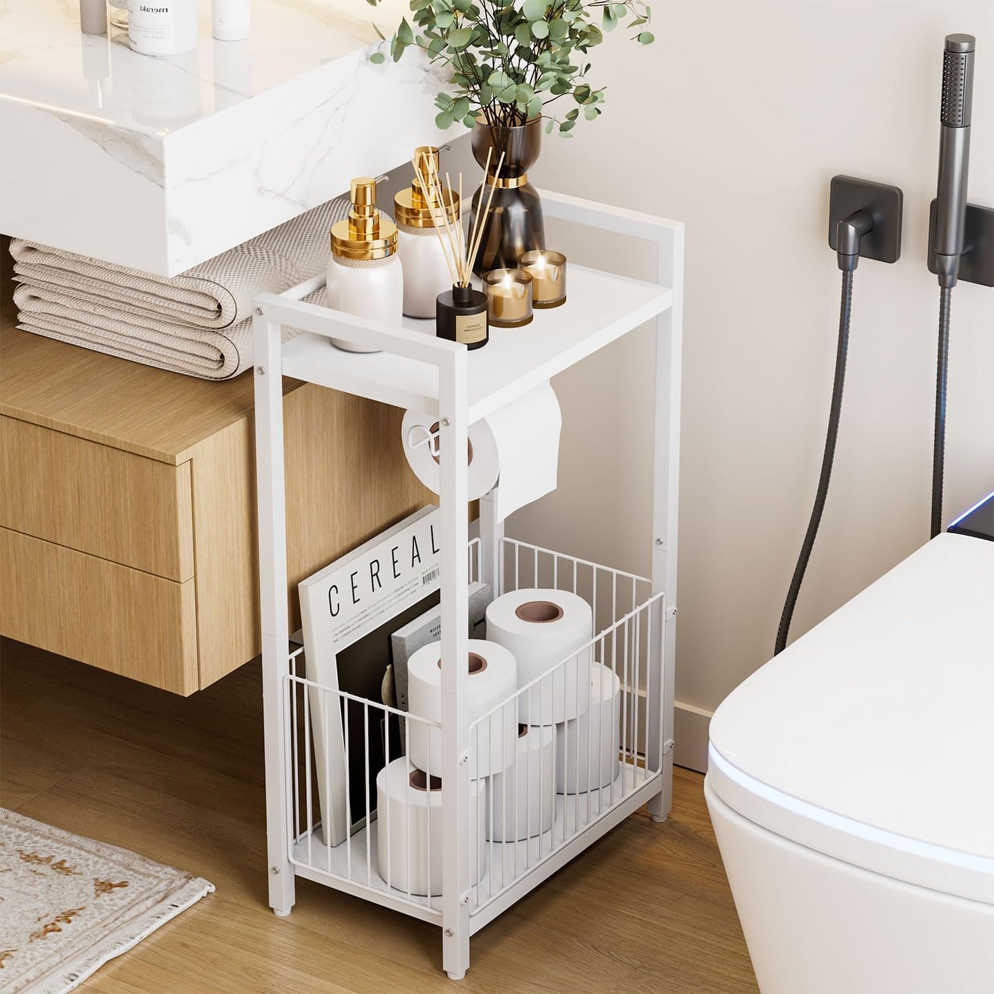 IBUYKE Freestanding Toilet Paper Holder Stand with Storage Shelf,Bathroom Toilet Tissue Roll Dispenser with Extra Space for Rolls, Magazines, Wet Wipes White TLJ020W