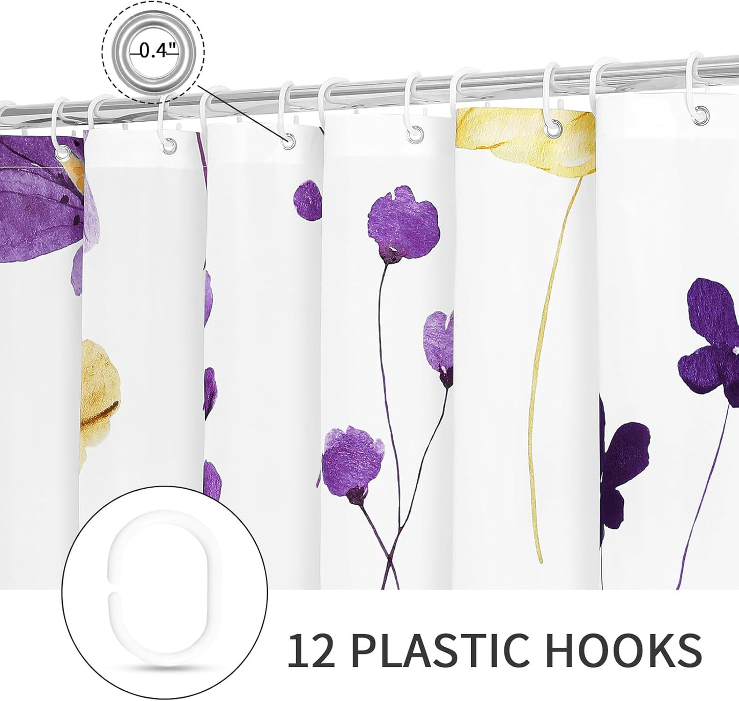 Gibelle Watercolor Floral Shower Curtain, Purple Yellow Flower Shower Curtain for Bathroom, Modern Minimalist Waterproof Fabric Shower Curtain Set with Hooks 72x72 Inch