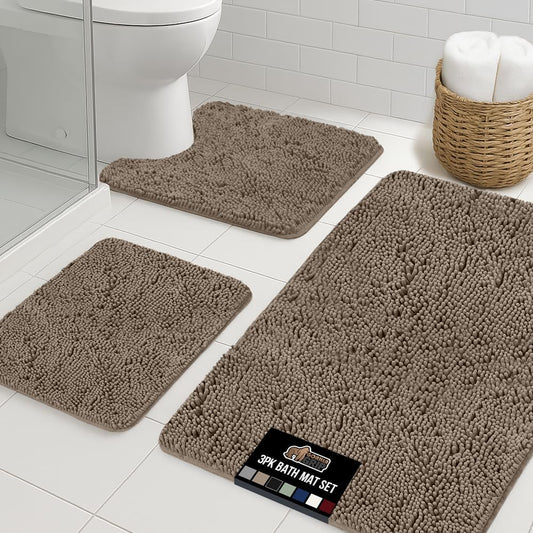GORILLA GRIP Bathroom Rug Sets 3 Piece, Bath Mat Set and Oval Toilet Base with Rubber Backing, Plush Absorbent Shaggy Chenille Washable Mats, Includes 24x19.5, 24x17 and 36x24 Inch Rugs, Gray Beige