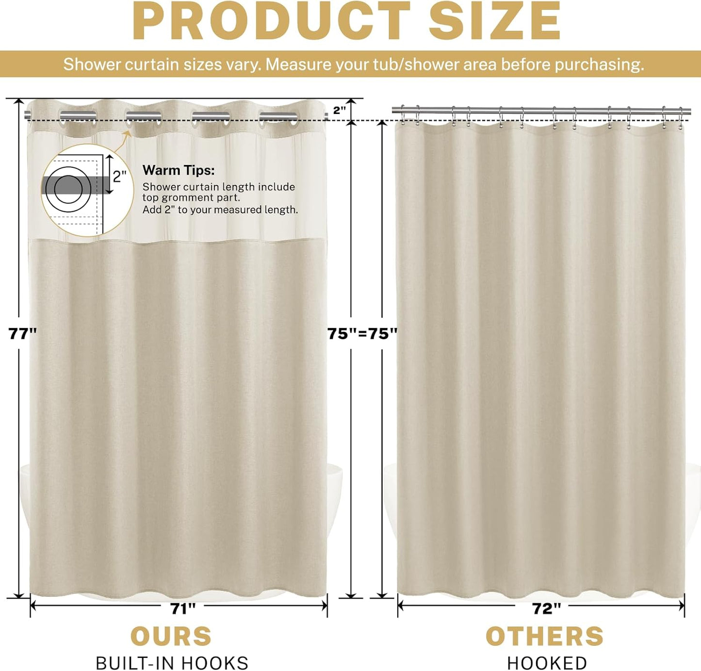 No Hooks Luxury Shower Curtain Set with Snap-in Liner, Polyester Textured with See-Through Top Window, Waterproof & Washable Hotel Style for Bathroom, 71W x 77H, Cream
