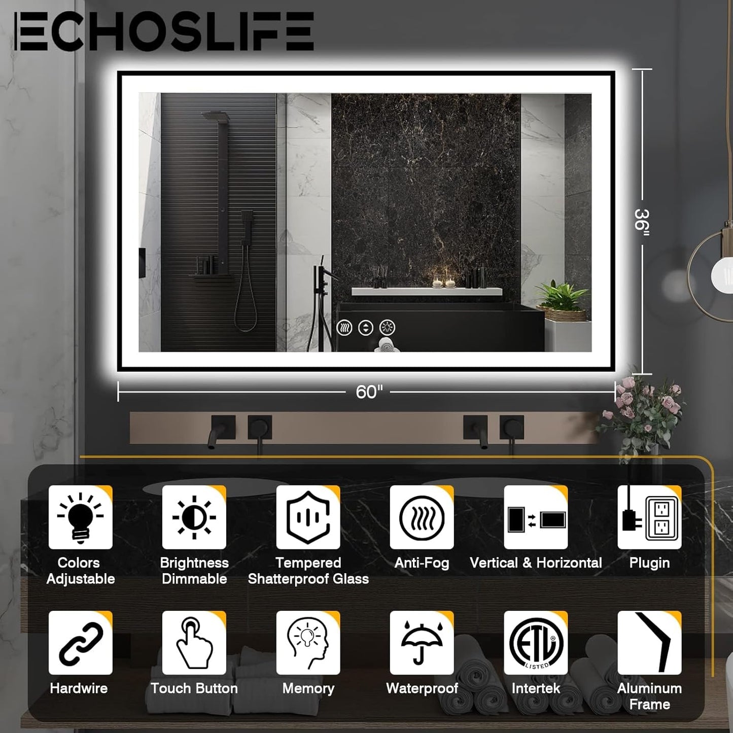 60x36 LED Bathroom Mirror - Black Aluminum Framed (Front and Backlit), Anti-Fog Smart Mirror, Stepless Dimmable, 3 Colors (Horizontal/Vertical)