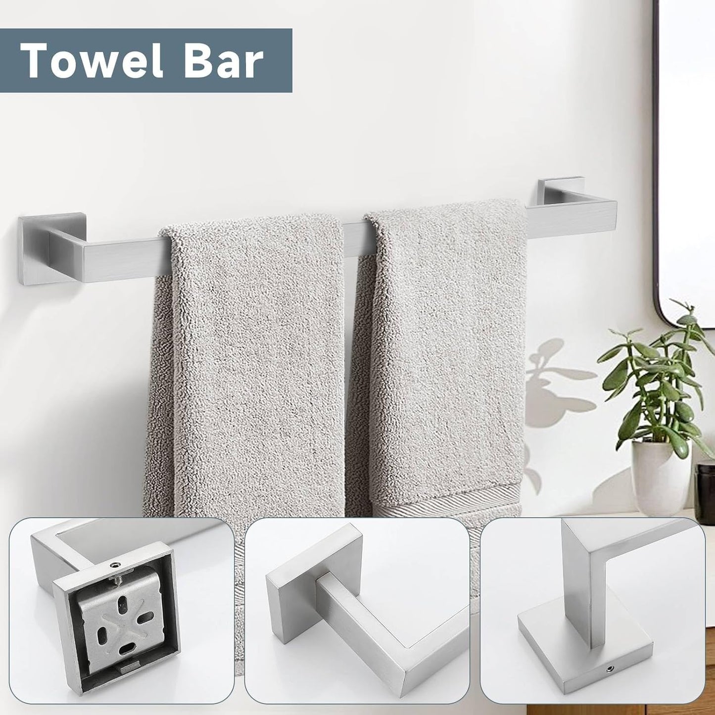 Brushed 5-Piece Bathroom Hardware Accessories Set-Towel Bar & Holder Racks for Bathroom,SUS304 Stainless Steel,Wall Mounted,23.6-Inch