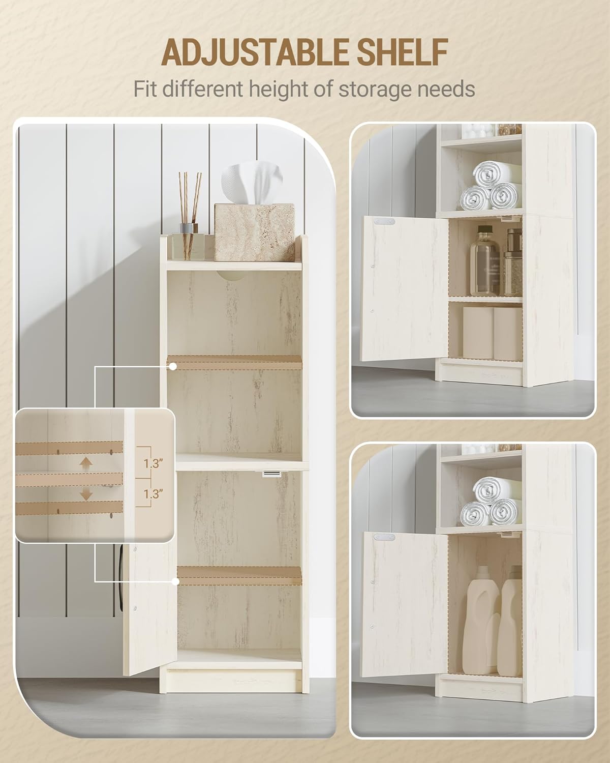 Bathroom Storage Cabinet, Small Farmhouse Corner Floor Cabinet with Door and Shelves, Narrow Toilet Paper Holder Stand, Bathroom Organizer with Adjustable Shelf, for Small Spaces,Rustic White